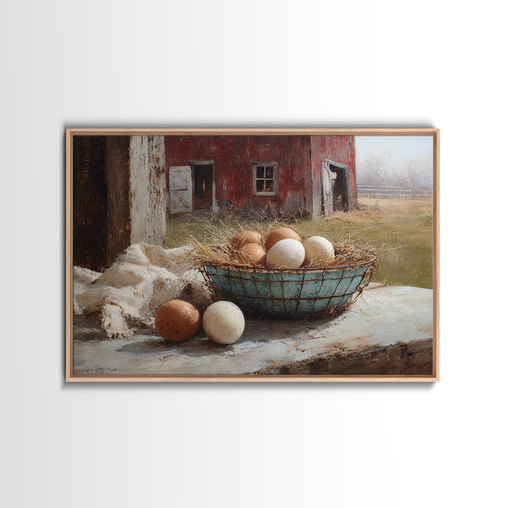 Fresh Eggs in a Wire Basket Framed Canvas Print, Farmhouse Art, Floral Wall Art, Farmhouse Decor, Oil Painting, Harvest, FAR-3x2-82