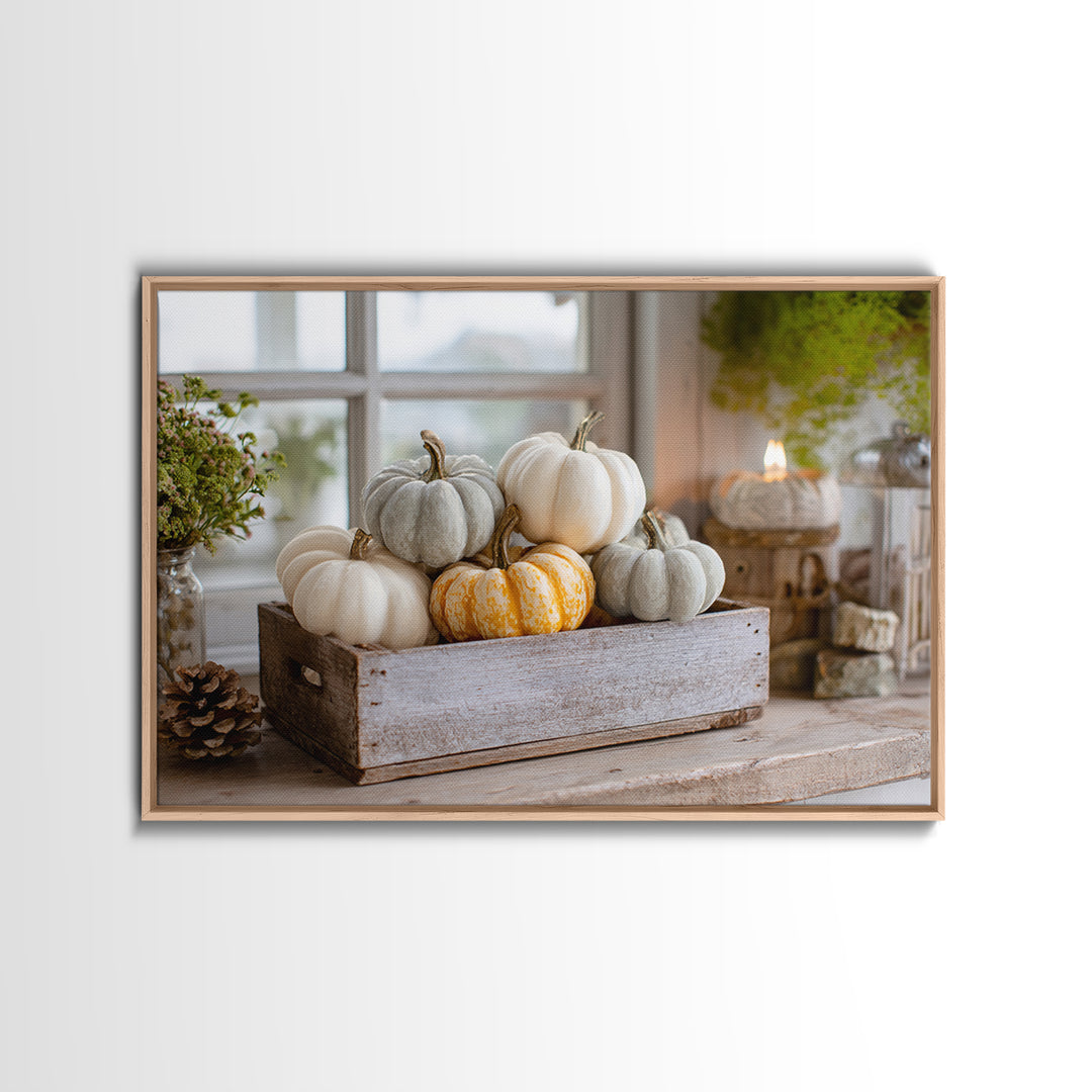 Pumpkins Stacked on a Wooden Crate Canvas Print, Farmhouse Art, Landscape Art, Farmhouse Decor, Oil Painting, Harvest, FAR-3x2-89