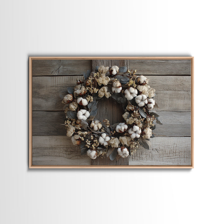 Farmhouse Wreath of Cotton Stems and Eucalyptus Framed Canvas Print, Farmhouse Art, Art Print, Farmhouse Decor, Harvest, FAR-3x2-96