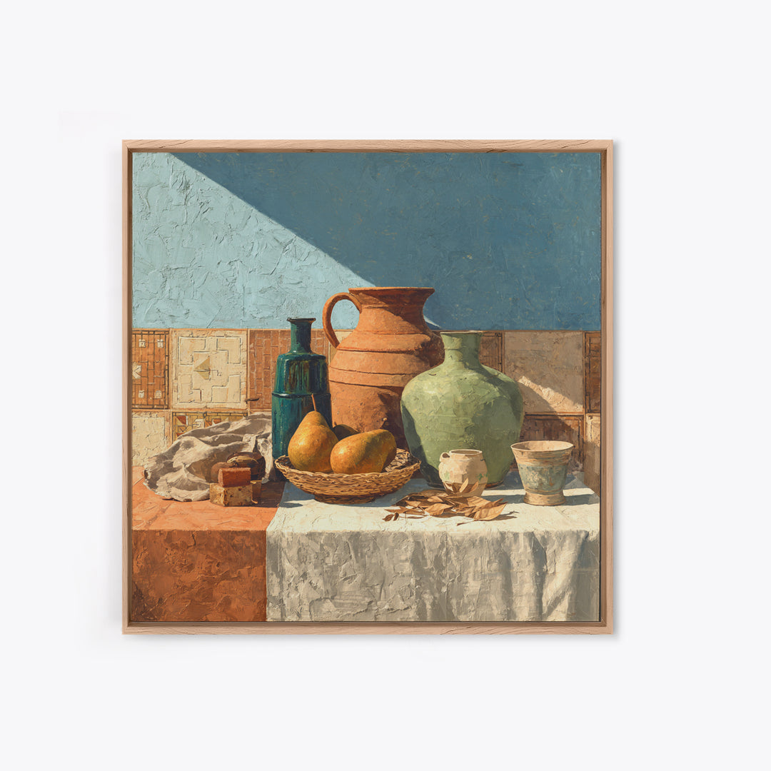 Pear Still Life on Linen Tablecloth Framed Canvas Print, French Country Art, Above Bed Art, Farmhouse Decor, Abstract Art, FCA-1x1-100