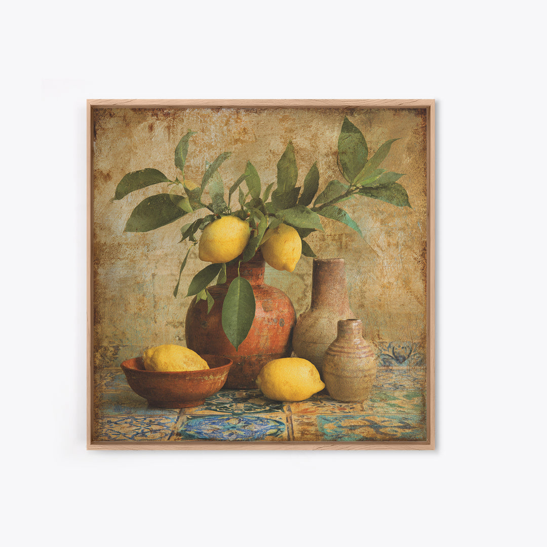 Aged Botanical Plate of Lemons and Leaves Framed Canvas Print, French Country Art, Digital Art, Farmhouse Decor, Oil Painting, FCA-1x1-12