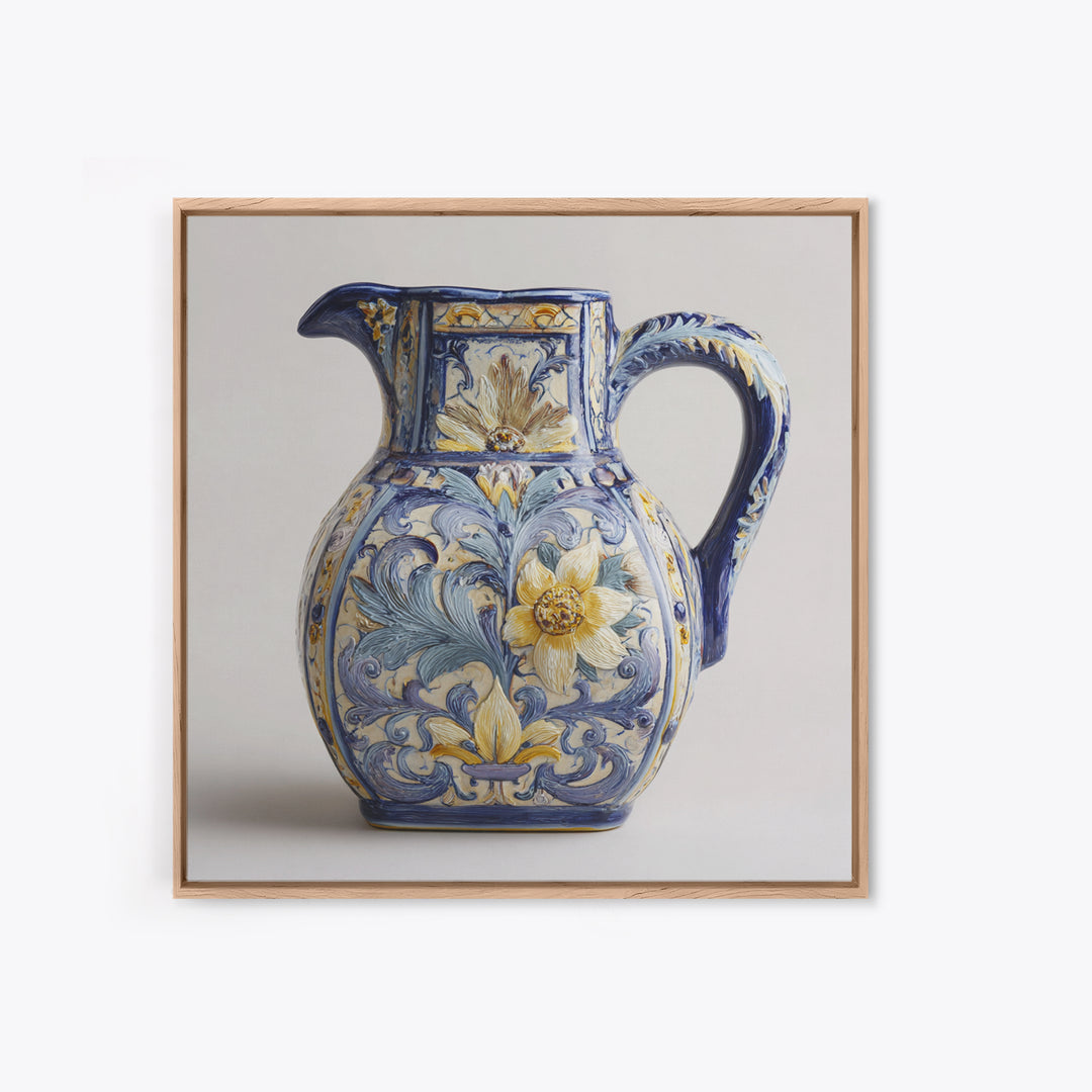 Blue and White Ceramic Pitcher Framed Canvas Print, French Country Art, Farmhouse Decor, Oil Painting, Country, FCA-1x1-27