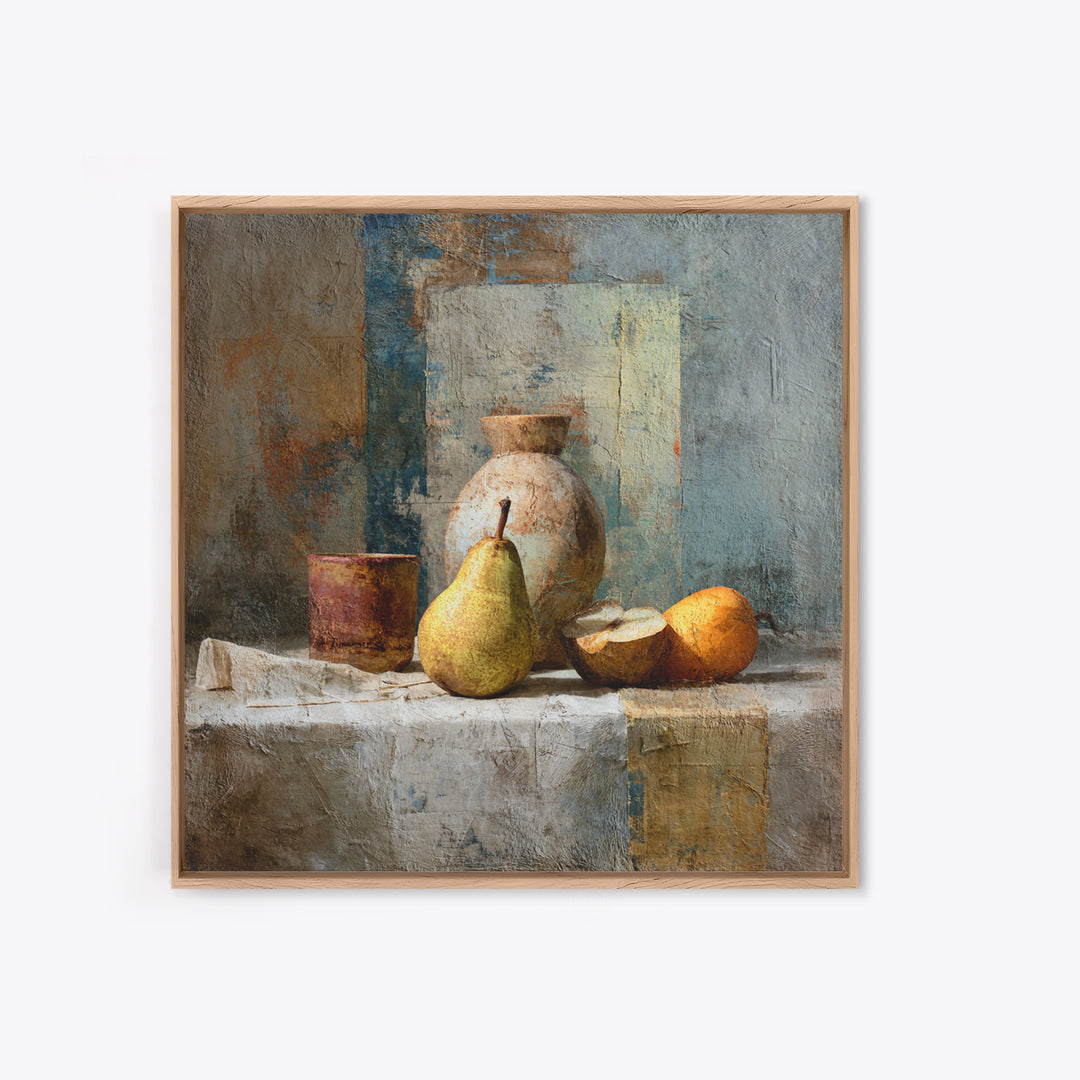 Pear Still Life on Linen Tablecloth Framed Canvas Print, French Country Art, Digital Wall Art, Farmhouse Decor, Country, FCA-1x1-28