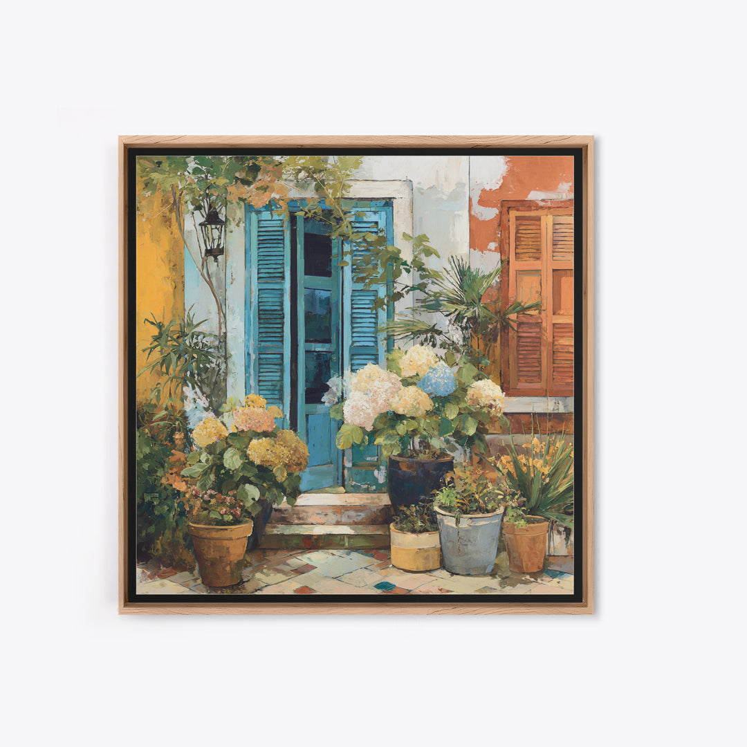 Soft Hydrangeas Beside Antique Shutters Framed Canvas Print, French Country Art, Home Decor, Farmhouse Decor, Fine Art, Country, FCA-1x1-32