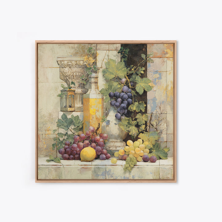 Grapes and Wine Still Life Framed Canvas Print, French Country Art, French Country Decor, Farmhouse Decor, Abstract Art, FCA-1x1-33