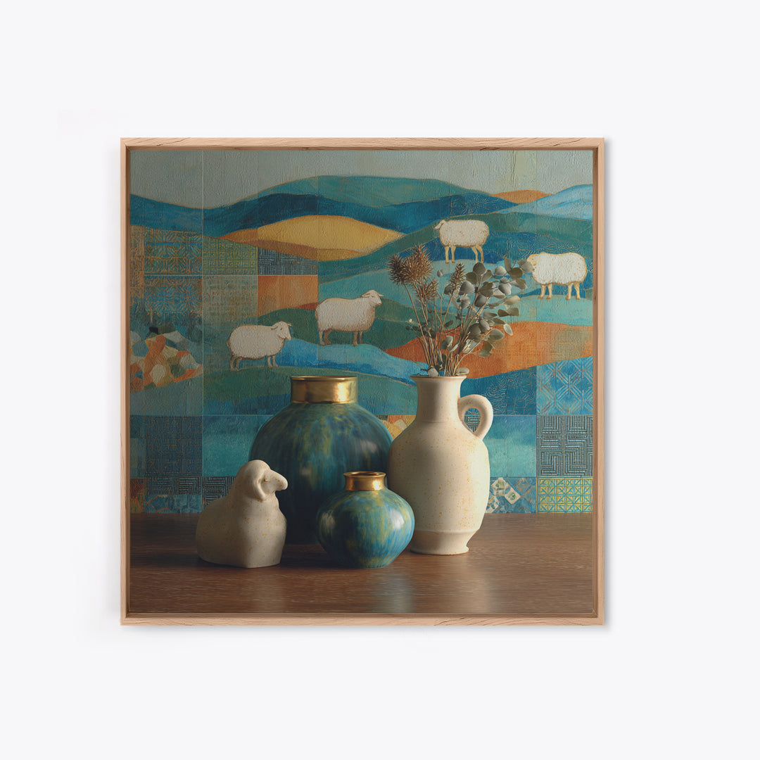 Pastoral Sheep in Rolling Countryside Framed Canvas Print, French Country Art, Floral Wall Art, Farmhouse Decor, Country, FCA-1x1-38