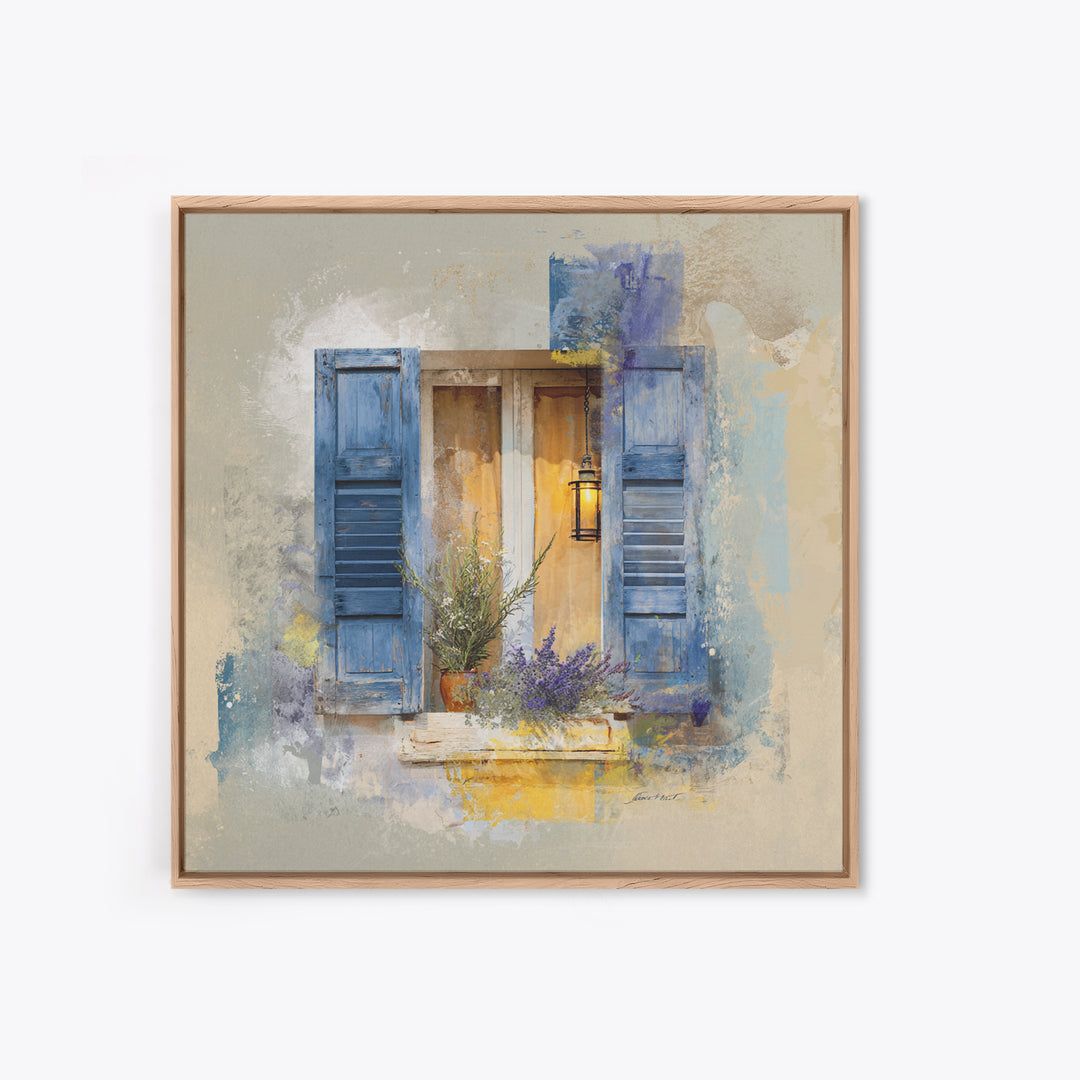 Weathered Window with Blue Shutters Canvas Print, French Country Art, Botanical Wall Art, Farmhouse Decor, Watercolor Art, FCA-1x1-45