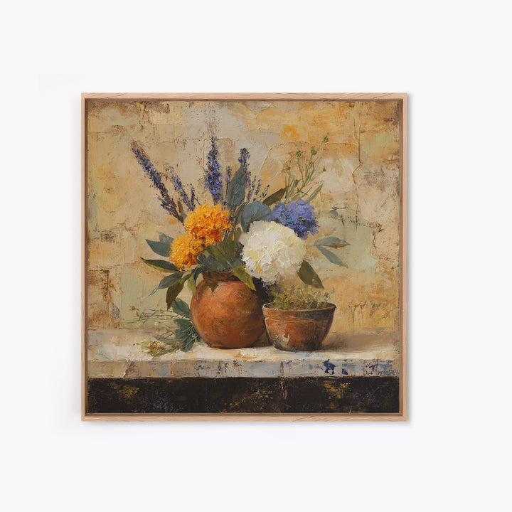Antique Copper Pot and Flowers Still Life Framed Canvas Print, French Country Art, Wall Art, Farmhouse Decor, Oil Painting, FCA-1x1-48