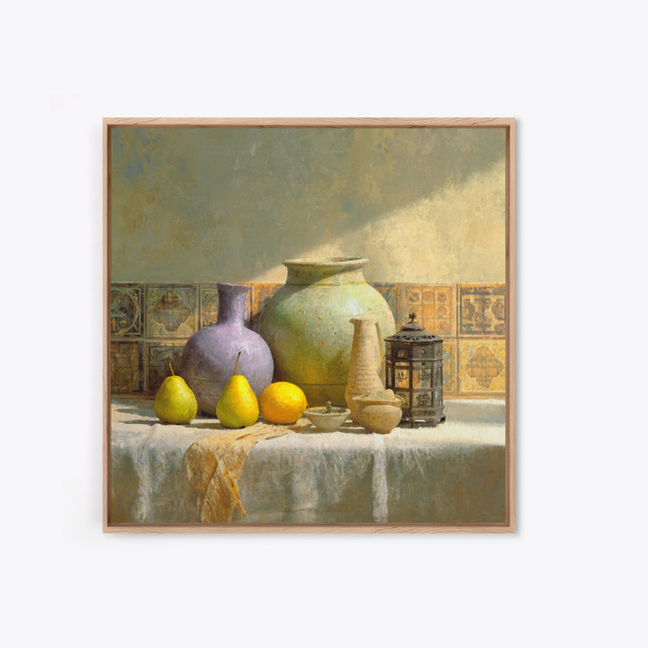 Pear Still Life on Linen Tablecloth Framed Canvas Print, French Country Art, Digital Art Prints, Farmhouse Decor, Abstract Art, FCA-1x1-52