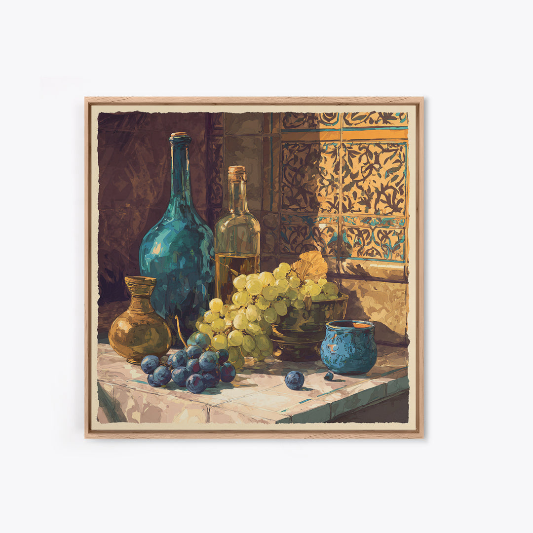 Grapes and Wine Still Life Framed Canvas Print, French Country Art, French Country Decor, Farmhouse Decor, Abstract Art, FCA-1x1-57