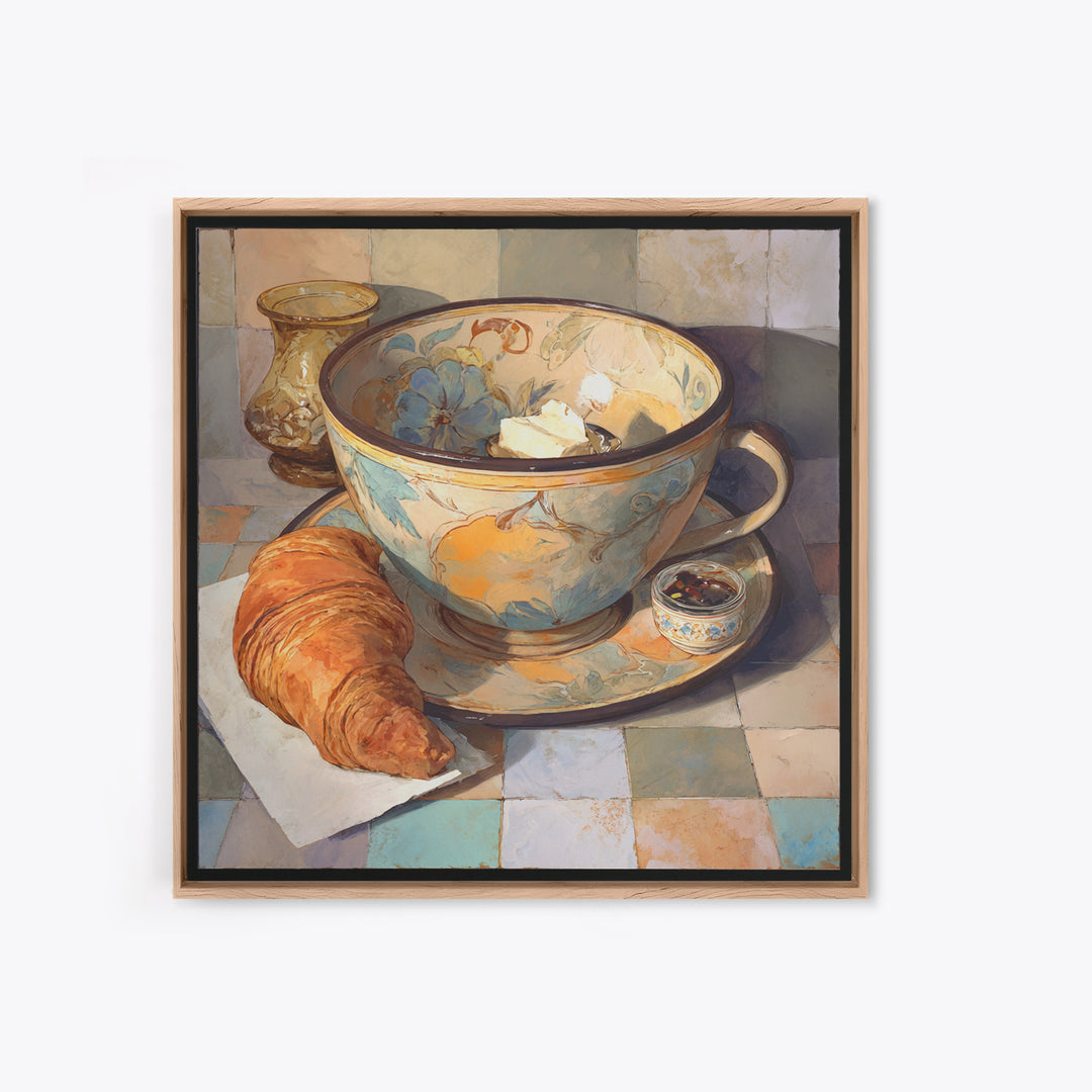 Caf Au Lait Bowl Framed Canvas Print, French Country Art, Digital Art Prints, Farmhouse Decor, Watercolor Art, Country, FCA-1x1-58