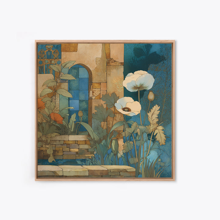 Poppies Beside a Stone Garden Wall Framed Canvas Print, French Country Art, Landscape Wall Art, Farmhouse Decor, Oil Painting, FCA-1x1-63