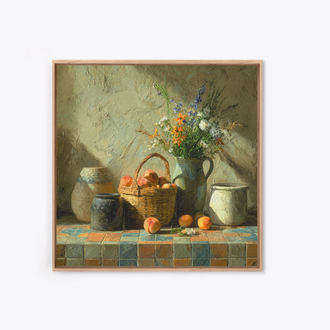 Basket of Fresh Peaches and Wildflowers Canvas Print, French Country Art, Eclectic Wall Art, Farmhouse Decor, Country, FCA-1x1-68
