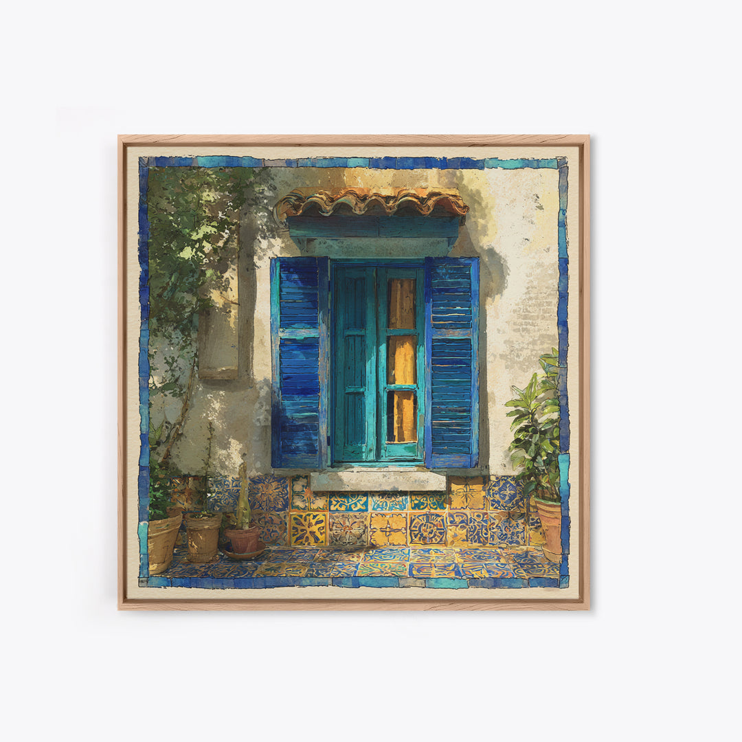 Weathered Window with Blue Shutters Canvas Print, French Country Art, Botanical Wall Art, Farmhouse Decor, Watercolor Art, FCA-1x1-69