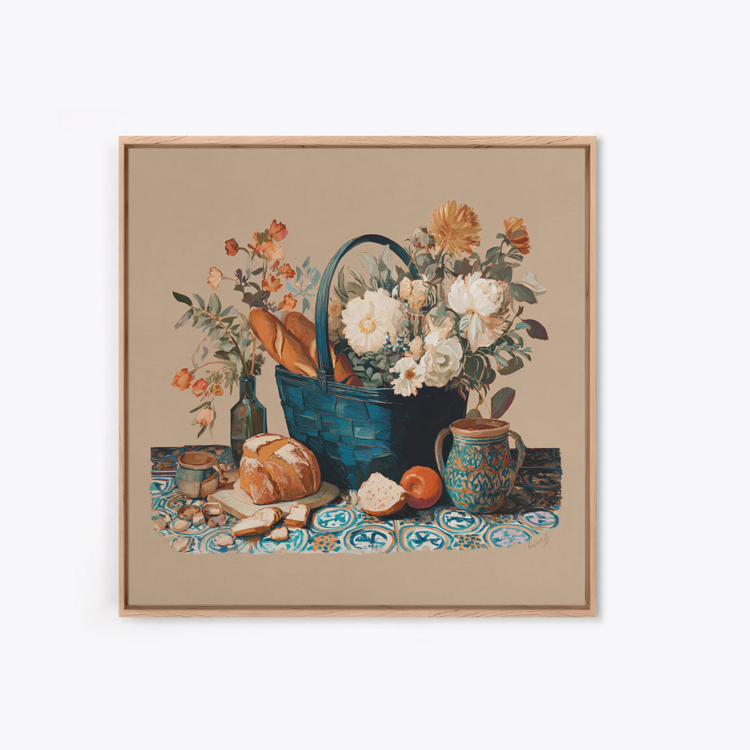 French Market Basket Framed Canvas Print, French Country Art, Digital Wall Art, Farmhouse Decor, Oil Painting, Country, FCA-1x1-7