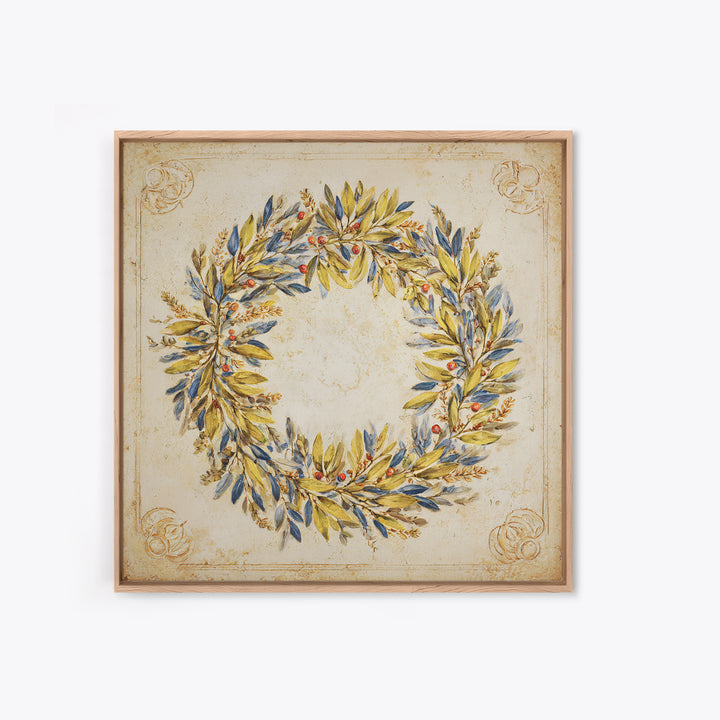 Olive Branch Wreath on Cream Ground Canvas Print, French Country Art, Farmhouse Wall Decor, Farmhouse Decor, Country, FCA-1x1-70