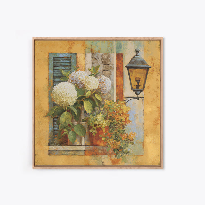 Soft Hydrangeas Beside Antique Shutters Framed Canvas Print, French Country Art, Home Decor, Farmhouse Decor, Fine Art, Country, FCA-1x1-80