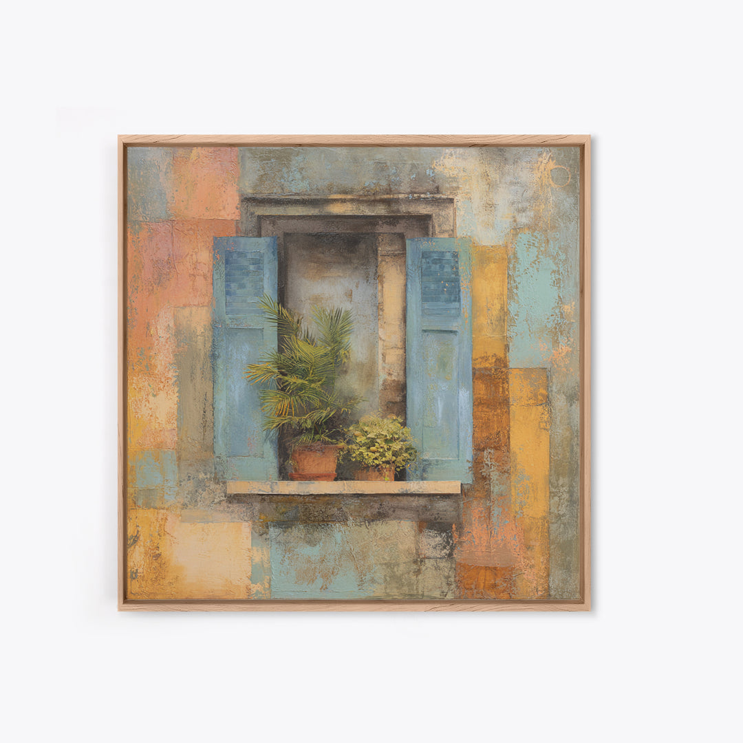 Weathered Window with Blue Shutters Framed Canvas Print, French Country Art, Landscape Wall Art, Farmhouse Decor, Oil Painting, FCA-1x1-93