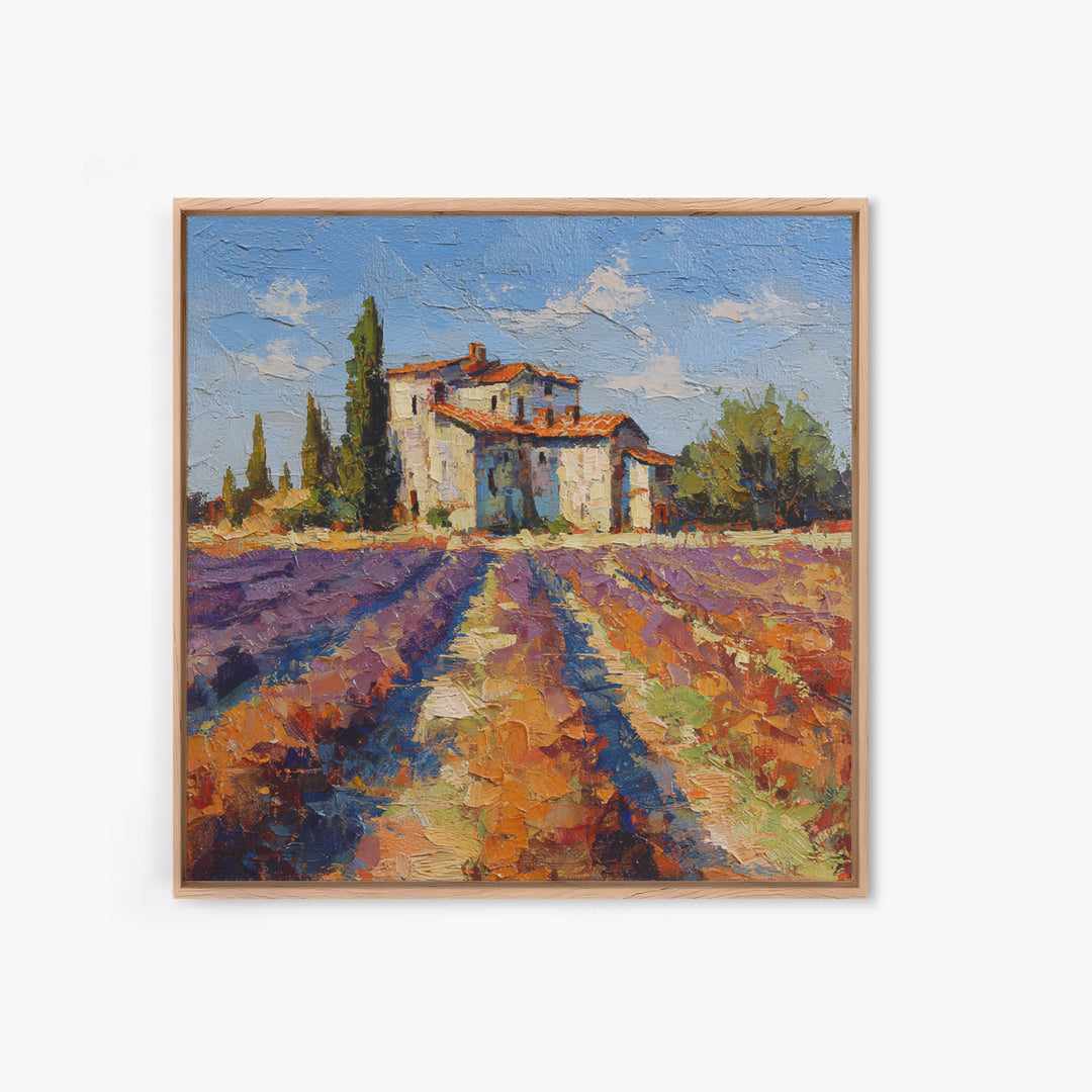 Lavender Field with Distant Stone Farmhouse Canvas Print, French Country Art, Farmhouse Decor, Oil Painting, Country, FCA-1x1-97