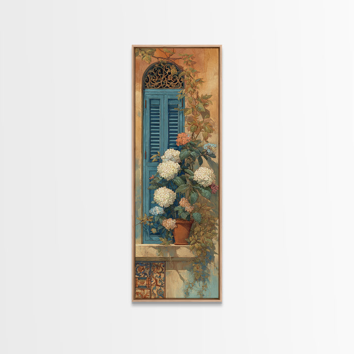 Soft Hydrangeas Beside Antique Shutters Framed Canvas Print, French Country Art, Eclectic Wall Art, Farmhouse Decor, Country, FCA-1x3-20