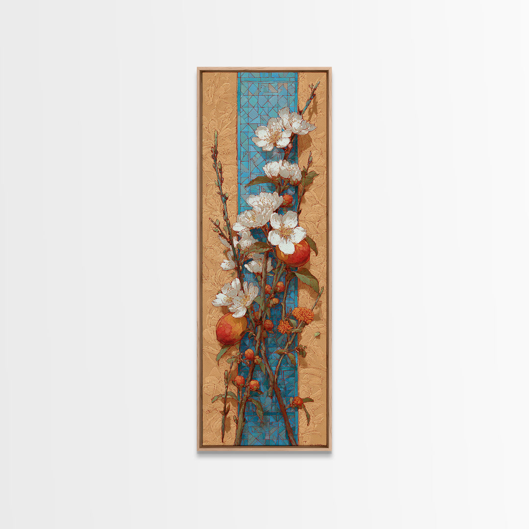Basket of Fresh Peaches and Wildflowers Canvas Print, French Country Art, Farmhouse Wall Art, Farmhouse Decor, Watercolor Art, FCA-1x3-32