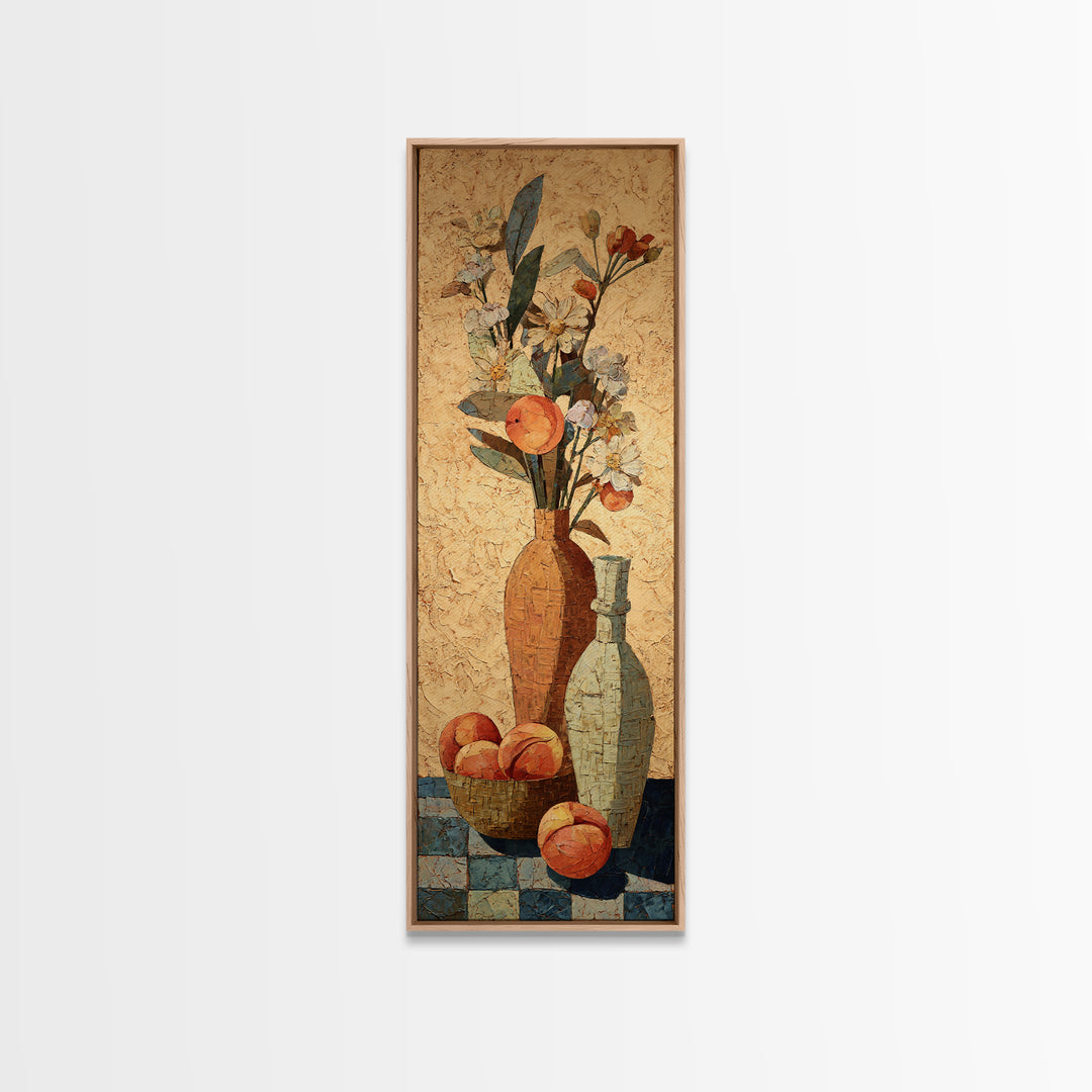 Basket of Fresh Peaches and Wildflowers Canvas Print, French Country Art, Statement Artwork, Farmhouse Decor, Fine Art, Country, FCA-1x3-56