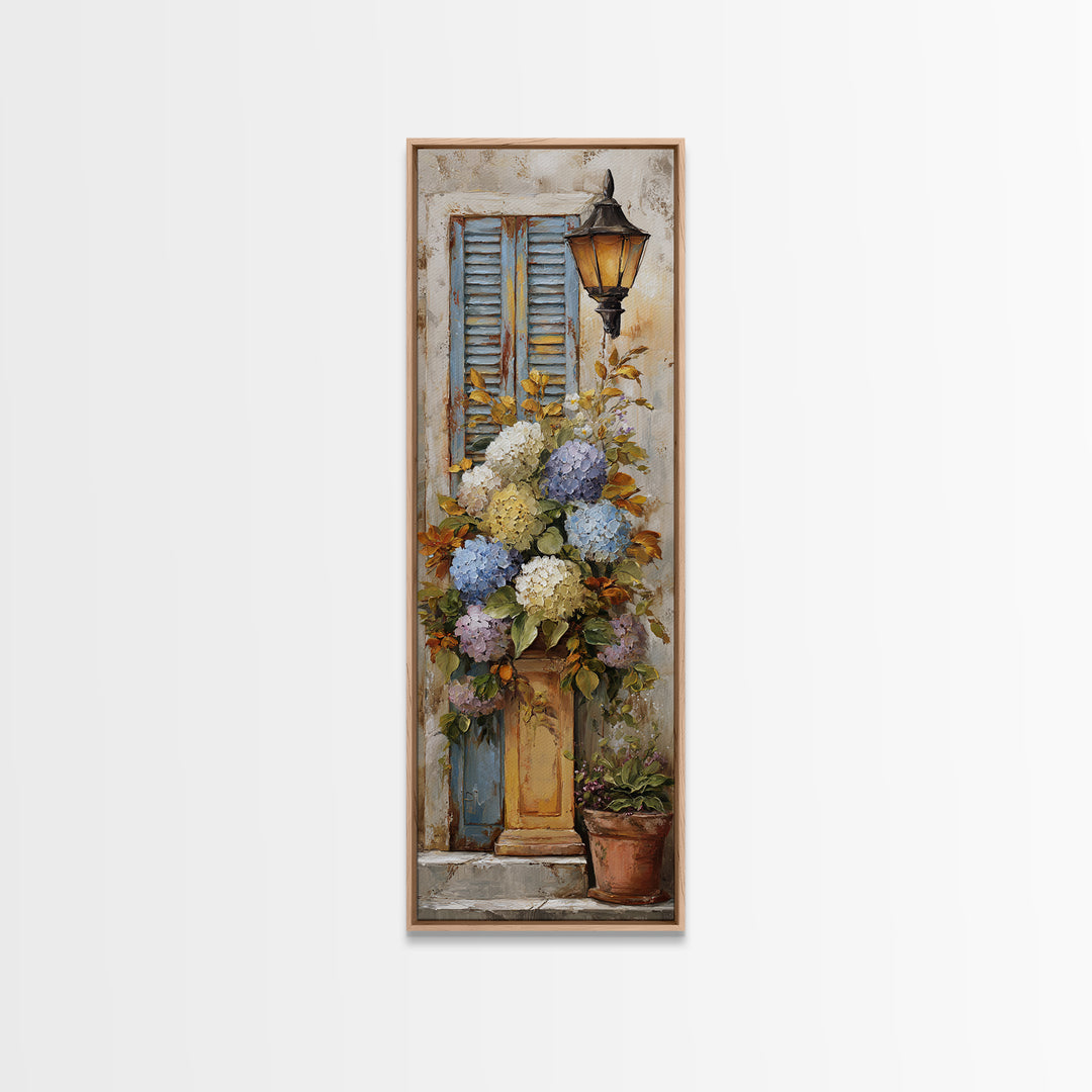 Soft Hydrangeas Beside Antique Shutters Canvas Print, French Country Art, Luxury Decor, Farmhouse Decor, Fine Art, Country, FCA-1x3-68