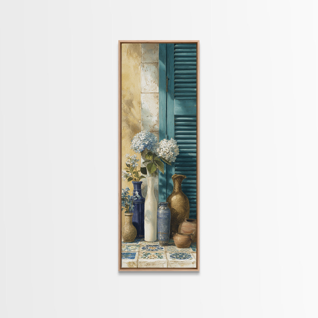Soft Hydrangeas Beside Antique Shutters Framed Canvas Print, French Country Art, Contemporary Art, Farmhouse Decor, Country, FCA-1x3-92