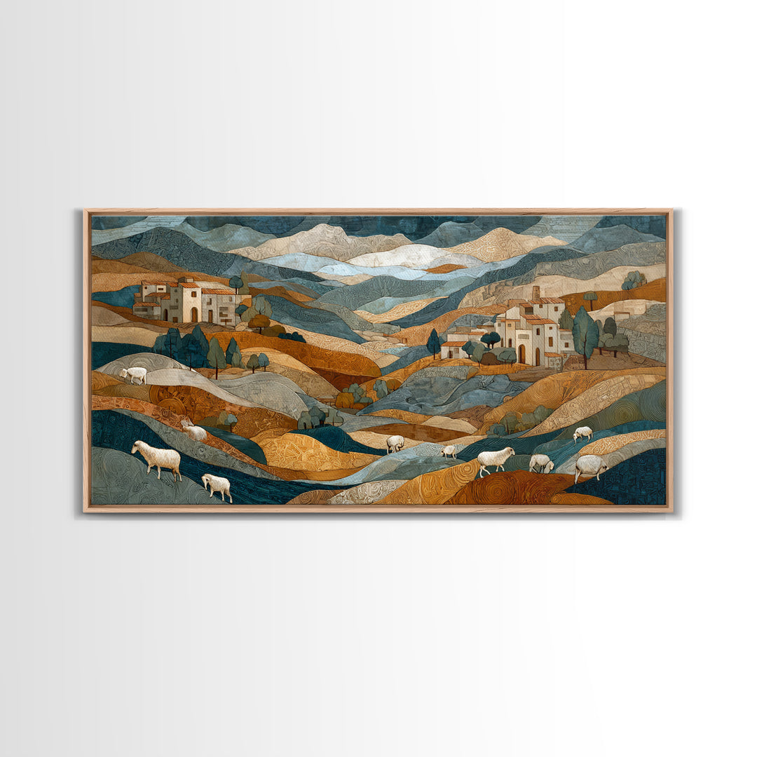 Pastoral Sheep in Rolling Countryside Framed Canvas Print, French Country Art, Home Decor, Farmhouse Decor, Fine Art, Country, FCA-2x1-10