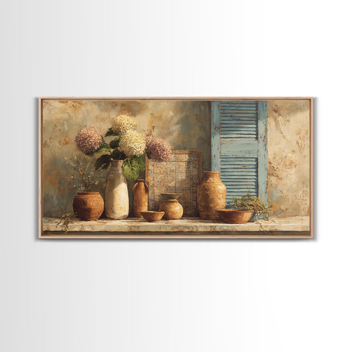 Soft Hydrangeas Beside Antique Shutters Framed Canvas Print, French Country Art, Floral Wall Art, Farmhouse Decor, Country, FCA-2x1-100