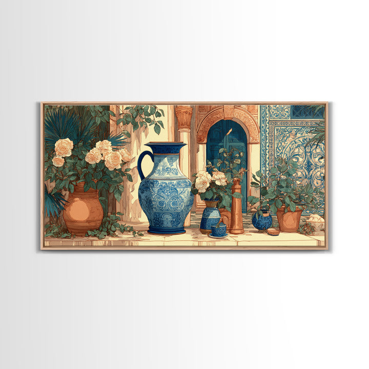 Blue and White Ceramic Pitcher Framed Canvas Print, French Country Art, Wall Art, Farmhouse Decor, Watercolor Art, Country, FCA-2x1-23