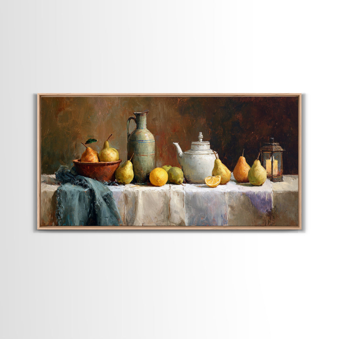 Pear Still Life on Linen Tablecloth Framed Canvas Print, French Country Art, Room Decor, Farmhouse Decor, Fine Art, Country, FCA-2x1-24