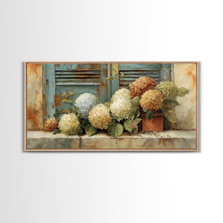 Soft Hydrangeas Beside Antique Shutters Framed Canvas Print, French Country Art, Textured Painting, Farmhouse Decor, Country, FCA-2x1-28
