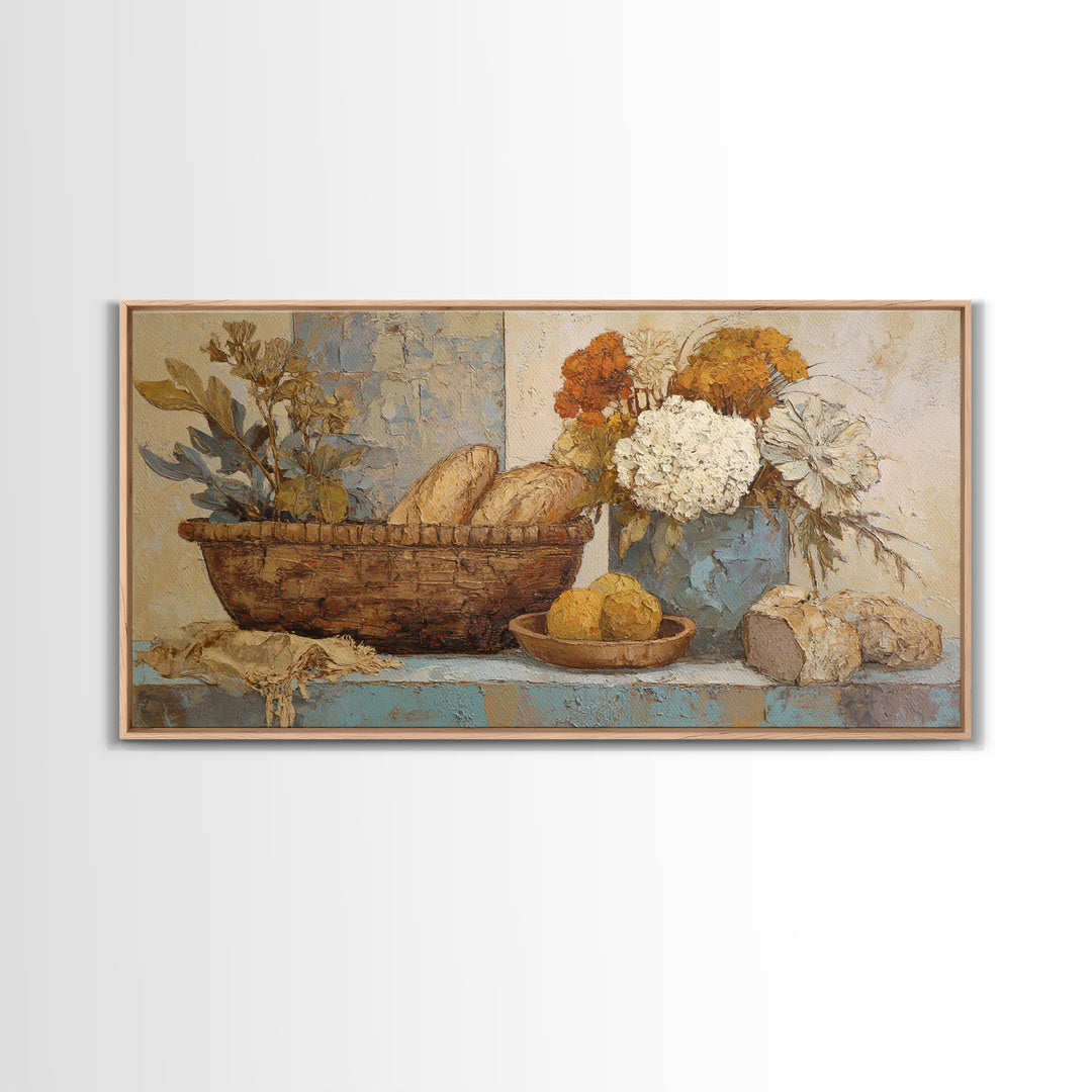 French Market Basket Framed Canvas Print, French Country Art, Digital Wall Art, Farmhouse Decor, Oil Painting, Country, FCA-2x1-3