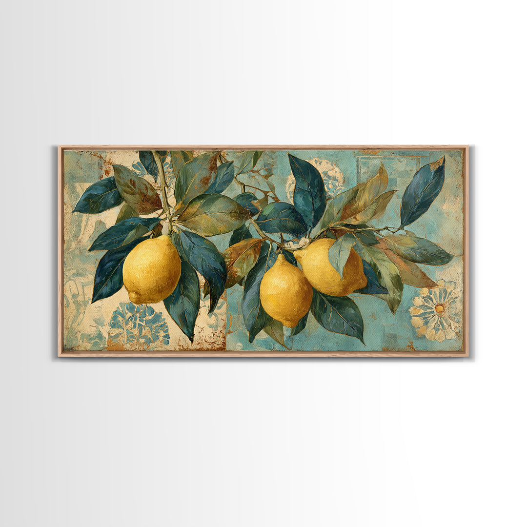 Aged Botanical Plate of Lemons and Leaves Canvas Print, French Country Art, Farmhouse Decor, Watercolor Art, Country, FCA-2x1-32