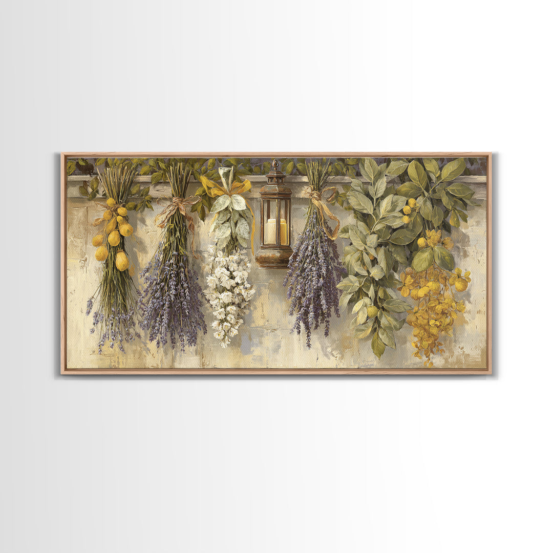 Farmhouse Kitchen Herbs Tied Framed Canvas Print, French Country Art, Above Bed Art, Farmhouse Decor, Fine Art, Country, FCA-2x1-33