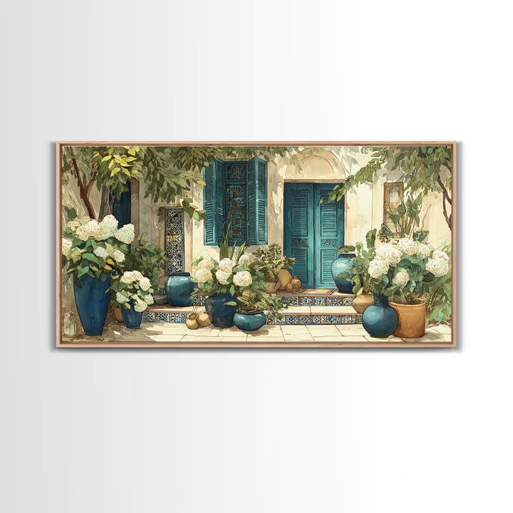 Soft Hydrangeas Beside Antique Shutters Canvas Print, French Country Art, Statement Artwork, Farmhouse Decor, Fine Art, Country, FCA-2x1-4