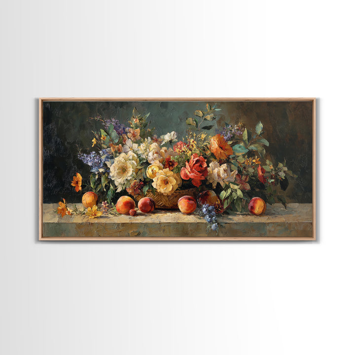 Basket of Fresh Peaches and Wildflowers Framed Canvas Print, French Country Art, Contemporary Art, Farmhouse Decor, Country, FCA-2x1-40