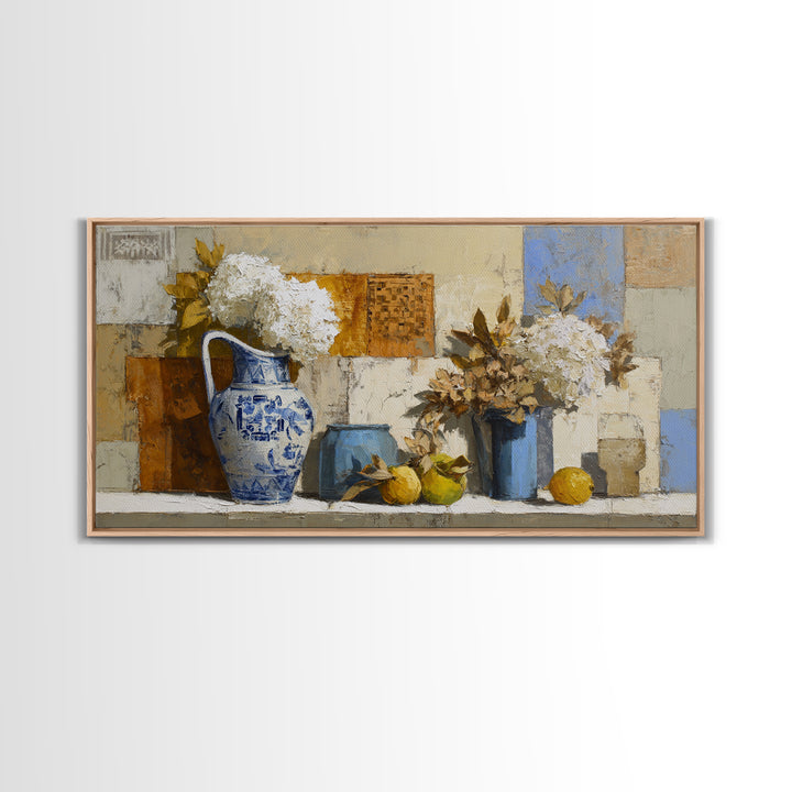 Blue and White Ceramic Pitcher Canvas Print, French Country Art, Oil Painting, Farmhouse Decor, Watercolor Art, Country, FCA-2x1-47