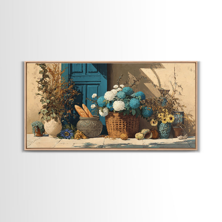 French Market Basket Framed Canvas Print, French Country Art, Digital Wall Art, Farmhouse Decor, Country, Floral Wall Art, FCA-2x1-51