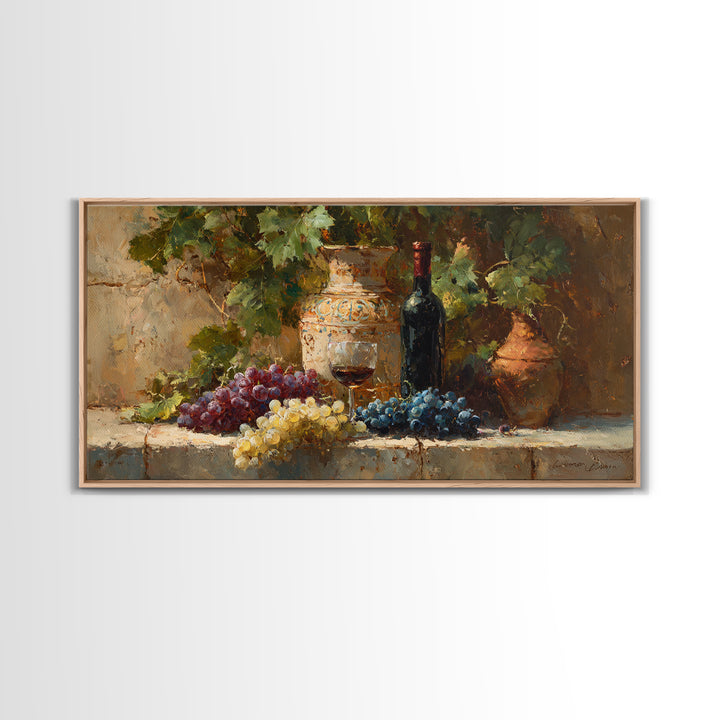 Grapes and Wine Still Life Canvas Print, French Country Art, Farmhouse Decor, Oil Painting, Country, Digital Wall Art, FCA-2x1-53