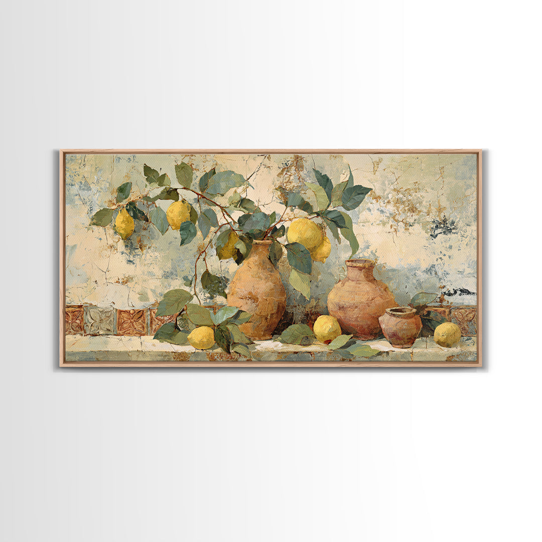 Aged Botanical Plate of Lemons and Leaves Framed Canvas Print, French Country Art, Digital Art, Farmhouse Decor, Country, FCA-2x1-56