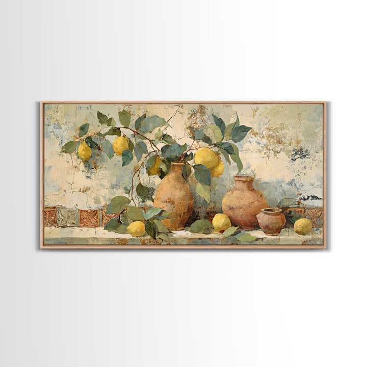 Aged Botanical Plate of Lemons and Leaves Framed Canvas Print, French Country Art, Digital Art, Farmhouse Decor, Country, FCA-2x1-56