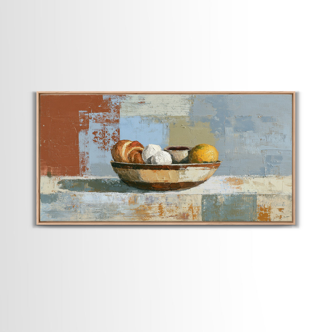 Caf Au Lait Bowl Framed Canvas Print, French Country Art, Above Bed Art, Farmhouse Decor, Fine Art, Country, Textured Painting, FCA-2x1-6
