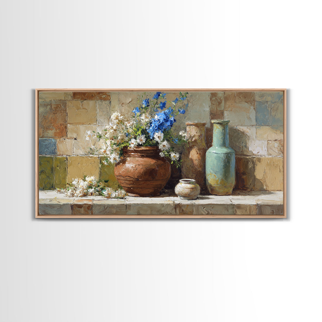 Antique Copper Pot and Flowers Still Life Canvas Print, French Country Art, Oil Painting, Farmhouse Decor, Watercolor Art, FCA-2x1-68