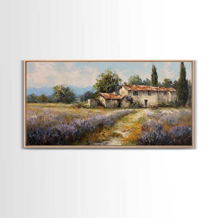 Lavender Field with Distant Stone Farmhouse Canvas Print, French Country Art, Minimalist Decor, Farmhouse Decor, Country, FCA-2x1-69