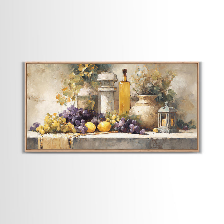 Grapes and Wine Still Life Canvas Print, French Country Art, Farmhouse Decor, Oil Painting, Country, Digital Wall Art, FCA-2x1-77