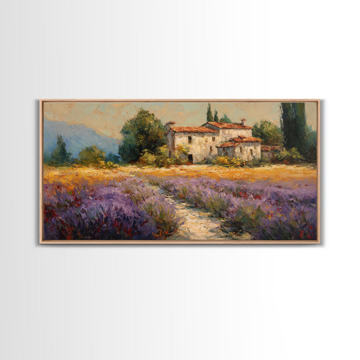 Lavender Field with Distant Stone Farmhouse Canvas Print, French Country Art, Minimalist Decor, Farmhouse Decor, Country, FCA-2x1-93