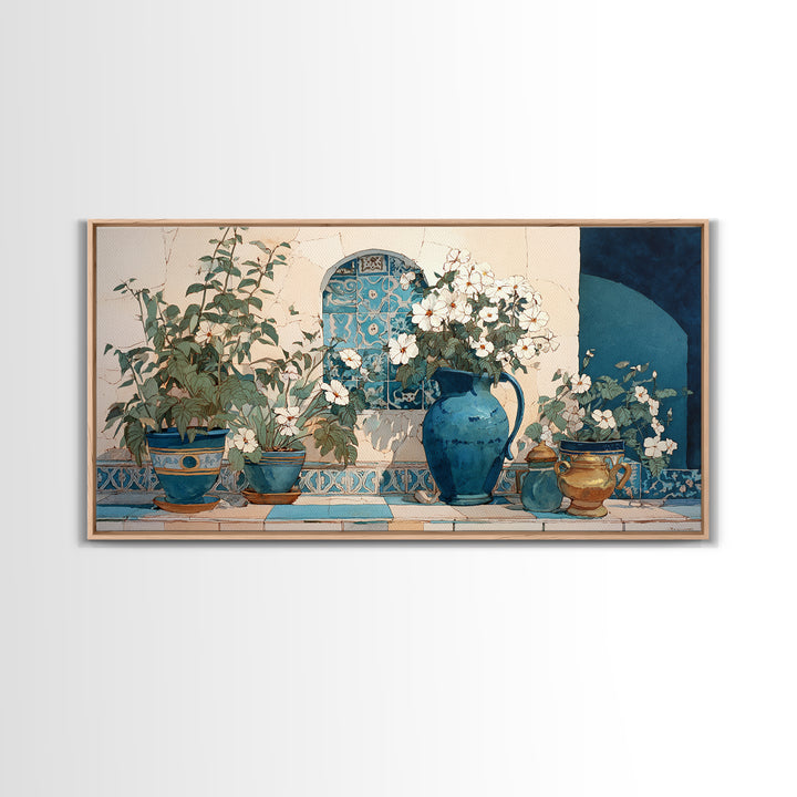 Blue and White Ceramic Pitcher Framed Canvas Print, French Country Art, French Country Decor, Farmhouse Decor, Oil Painting, FCA-2x1-95