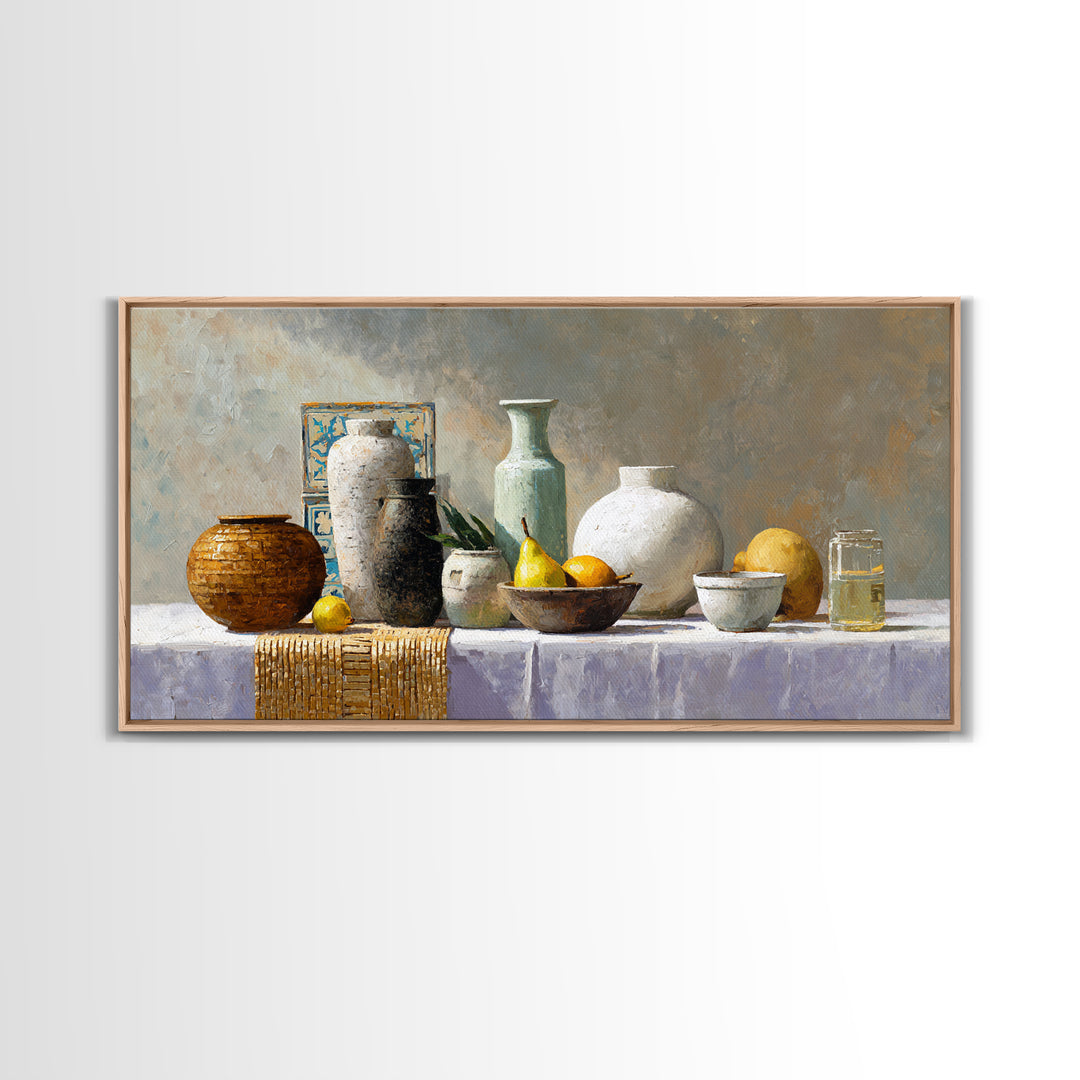 Pear Still Life on Linen Tablecloth Framed Canvas Print, French Country Art, Digital Art Prints, Farmhouse Decor, Country, FCA-2x1-96